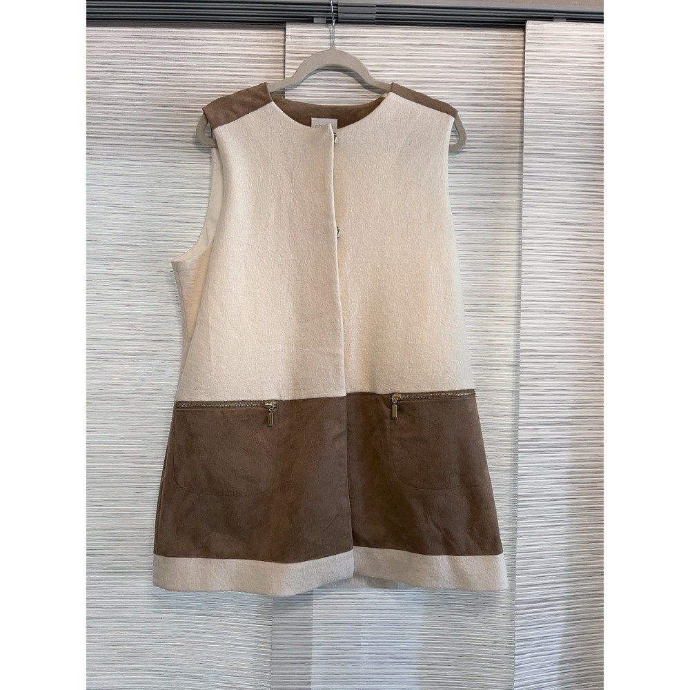 Chico's Wool Faux Suede Colorblock Shift Dress Cream Brown Zip Pockets Size 2 L - Picture 3 of 9
